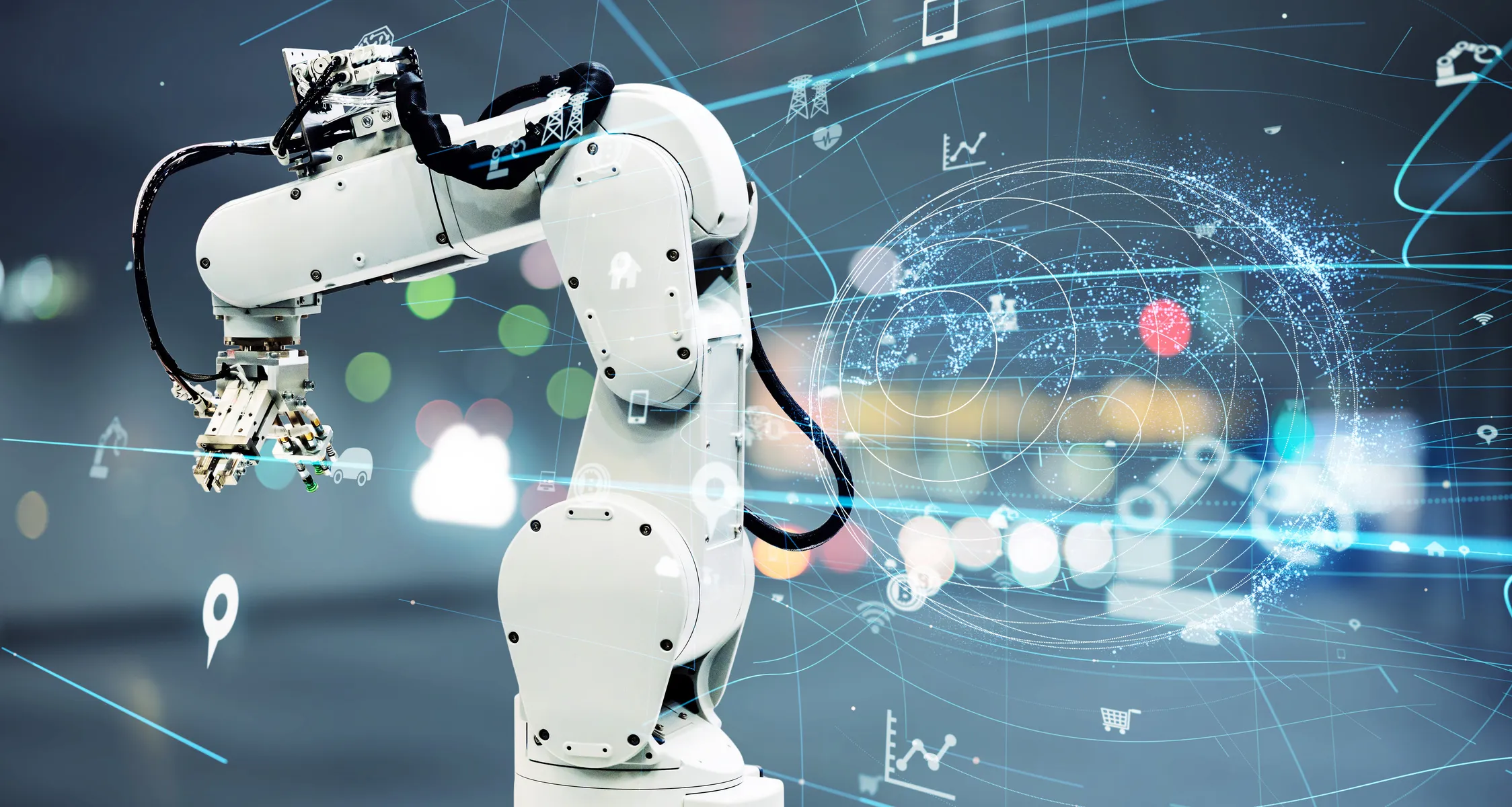 Industrial automation technology — a robotic arm connected to an IoT system