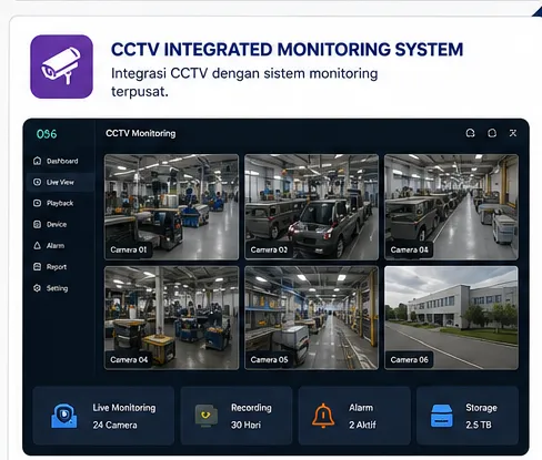 Mockup dashboard CCTV Integrated Monitoring System menampilkan live view multi-kamera dari berbagai lokasi
