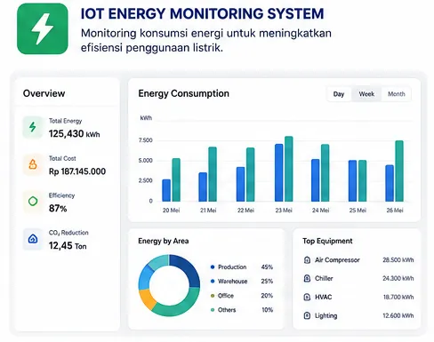 IoT Energy Monitoring System dashboard mockup showing energy consumption, efficiency, and usage breakdown by area