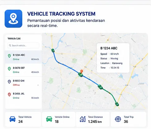 Mockup peta Vehicle Tracking System menampilkan posisi kendaraan, rute, dan status armada secara real-time